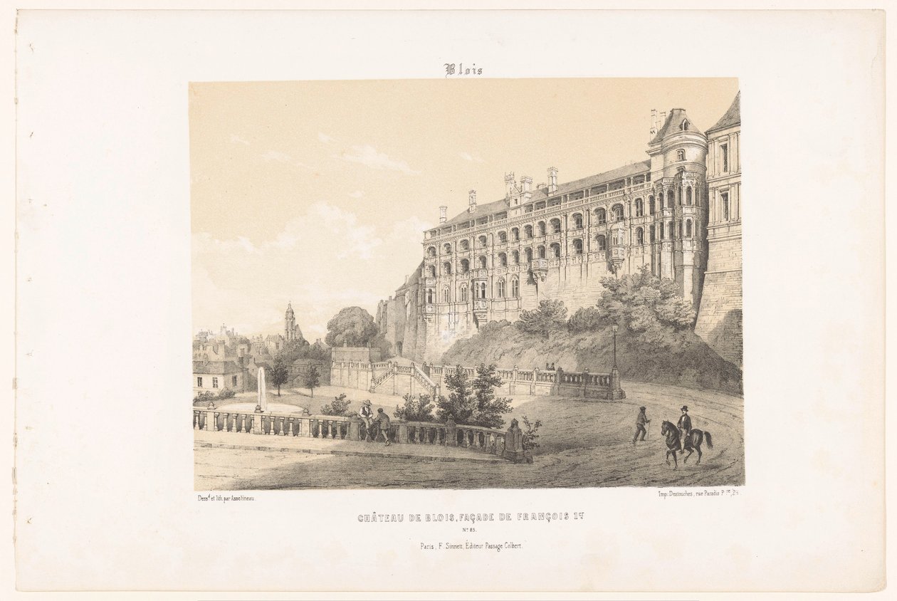 Widok fasady króla Franciszka I z zamku Blois blois. Château de Blois, fasada François Ier. (tytuł na obiekcie) Współczesna Francja (tytuł serii) La France de nos jours (tytuł serii) autorstwa Leon Auguste Asselineau