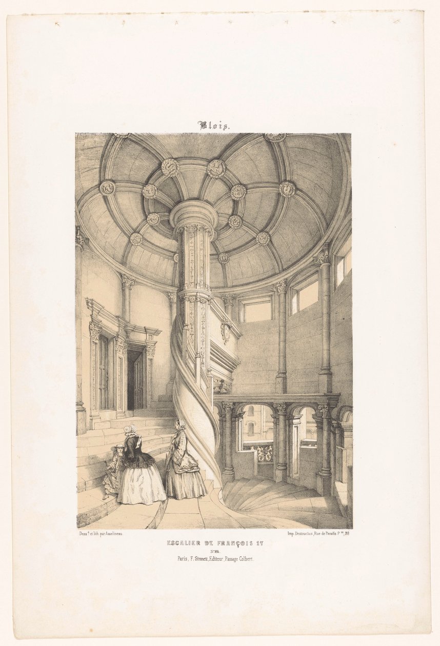 Widok na kręcone schody króla Franciszka I w Blois blois. Escalier de François Ier (tytuł na obiekcie) Współczesna Francja (tytuł serii) La France de nos jours (tytuł serii) autorstwa Leon Auguste Asselineau