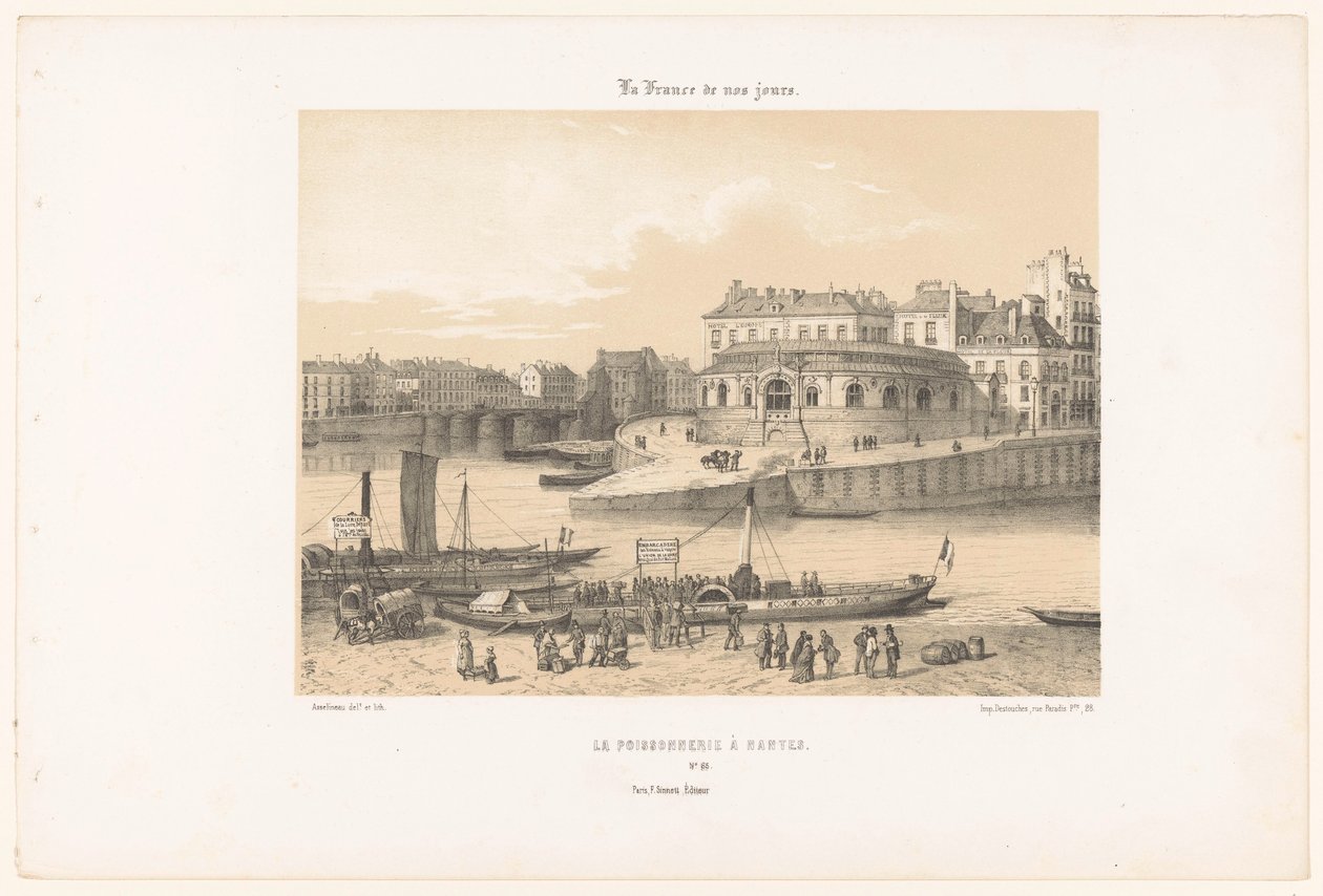 Widok na halę rybacką w Nantes z pomostu La poissonnerie à Nantes (tytuł na obiekcie) Współczesna Francja (tytuł serii) La France de nos jours (tytuł serii na obiekcie) autorstwa Leon Auguste Asselineau