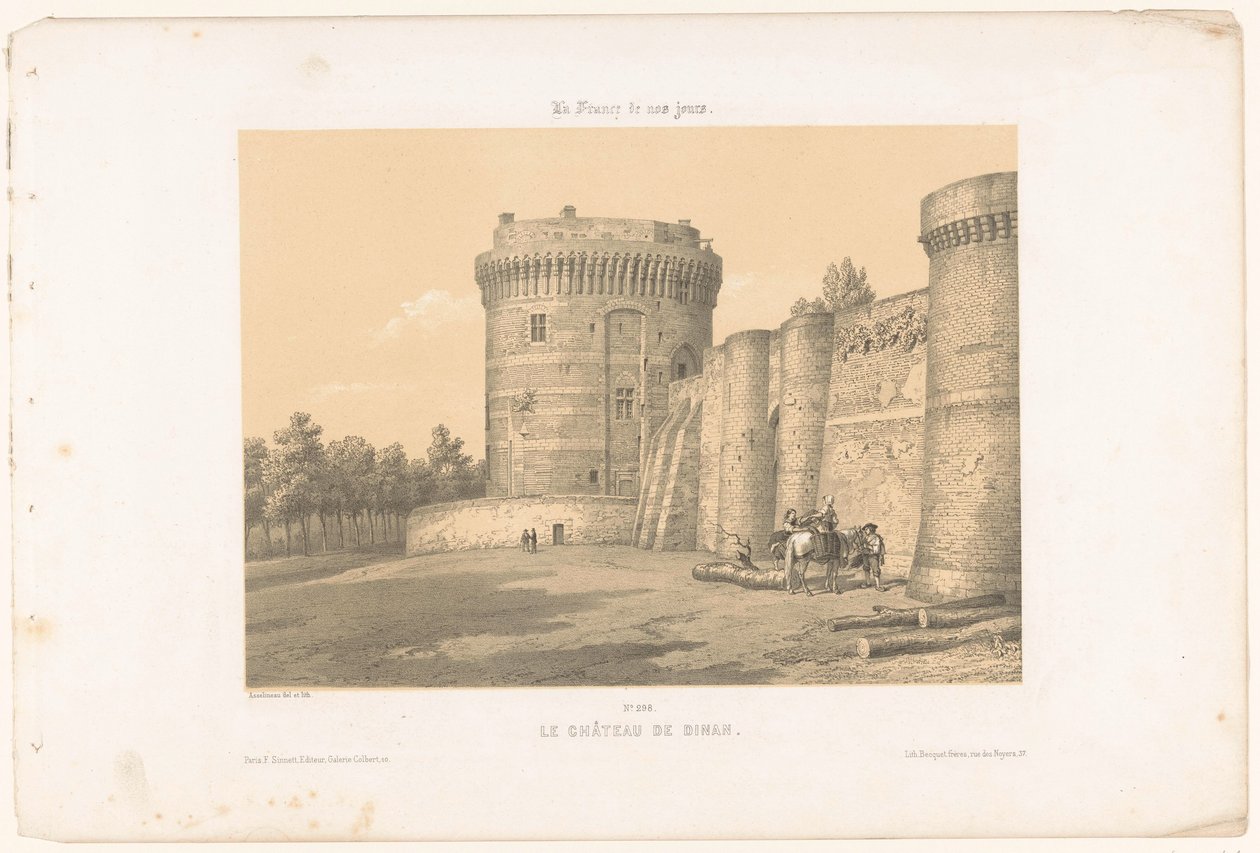 Widok jednej z wież zamku Dinan Le château de Dinan (tytuł na obiekcie) Współczesna Francja (tytuł serii) La France de nos jours (tytuł serii na obiekcie) autorstwa Leon Auguste Asselineau
