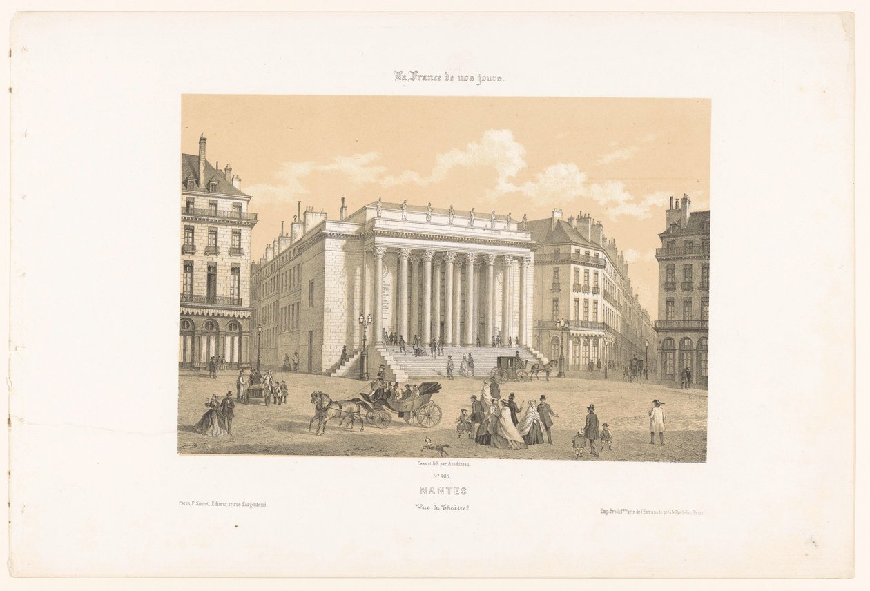 Widok na Théâtre Graslin w Nantes Nantes. Vue du theatre (tytuł na obiekcie) Współczesna Francja (tytuł serii) La France de nos jours (tytuł serii na obiekcie) autorstwa Leon Auguste Asselineau
