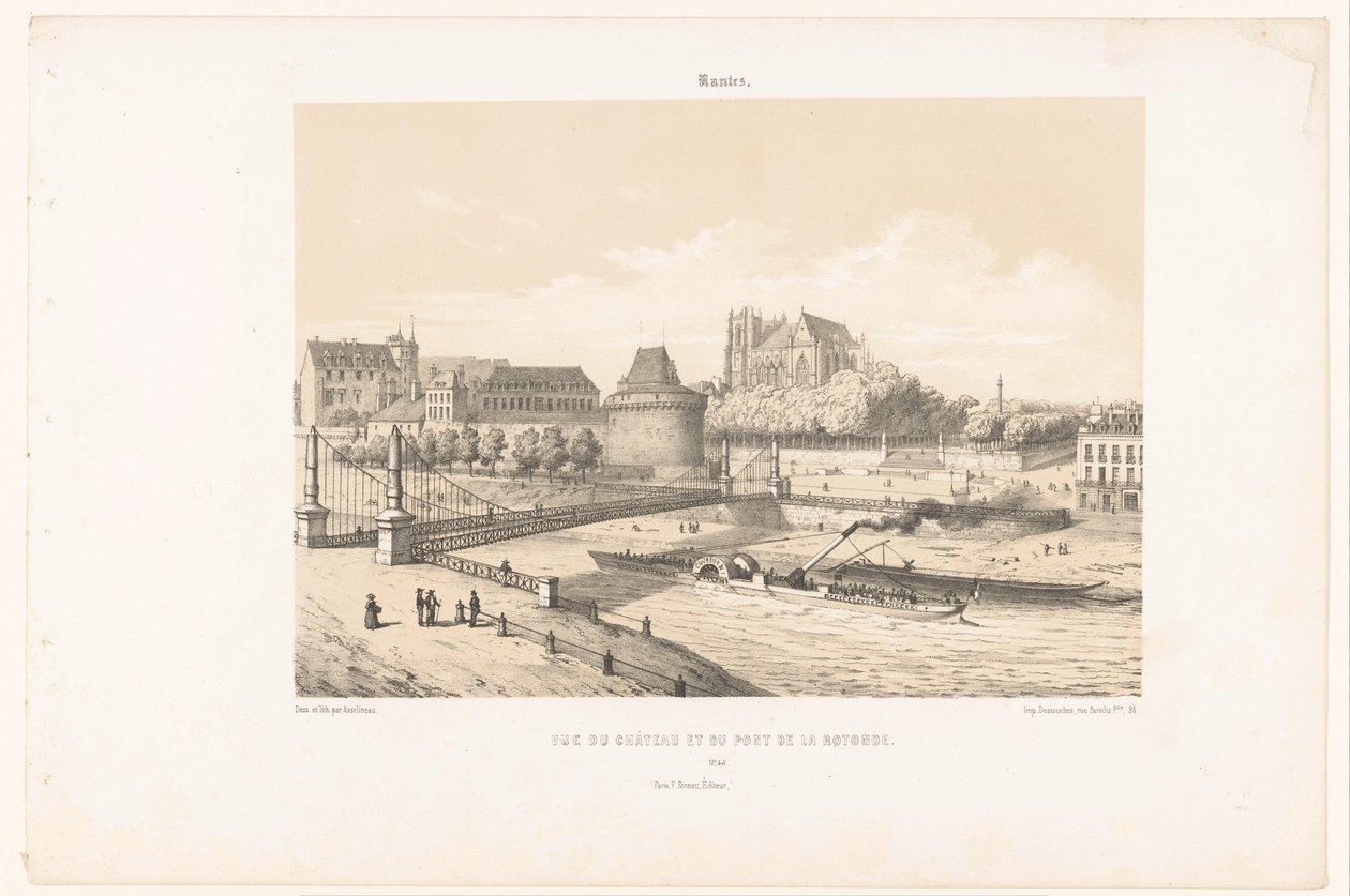 Widok na zamek i Pont de la Rotonde nad Loarą w Nantes Nantes. Vue du chateau et du pont de la Rotonde (tytuł obiektu) Współczesna Francja (tytuł serii) La France de nos jours (tytuł serii) autorstwa Leon Auguste Asselineau