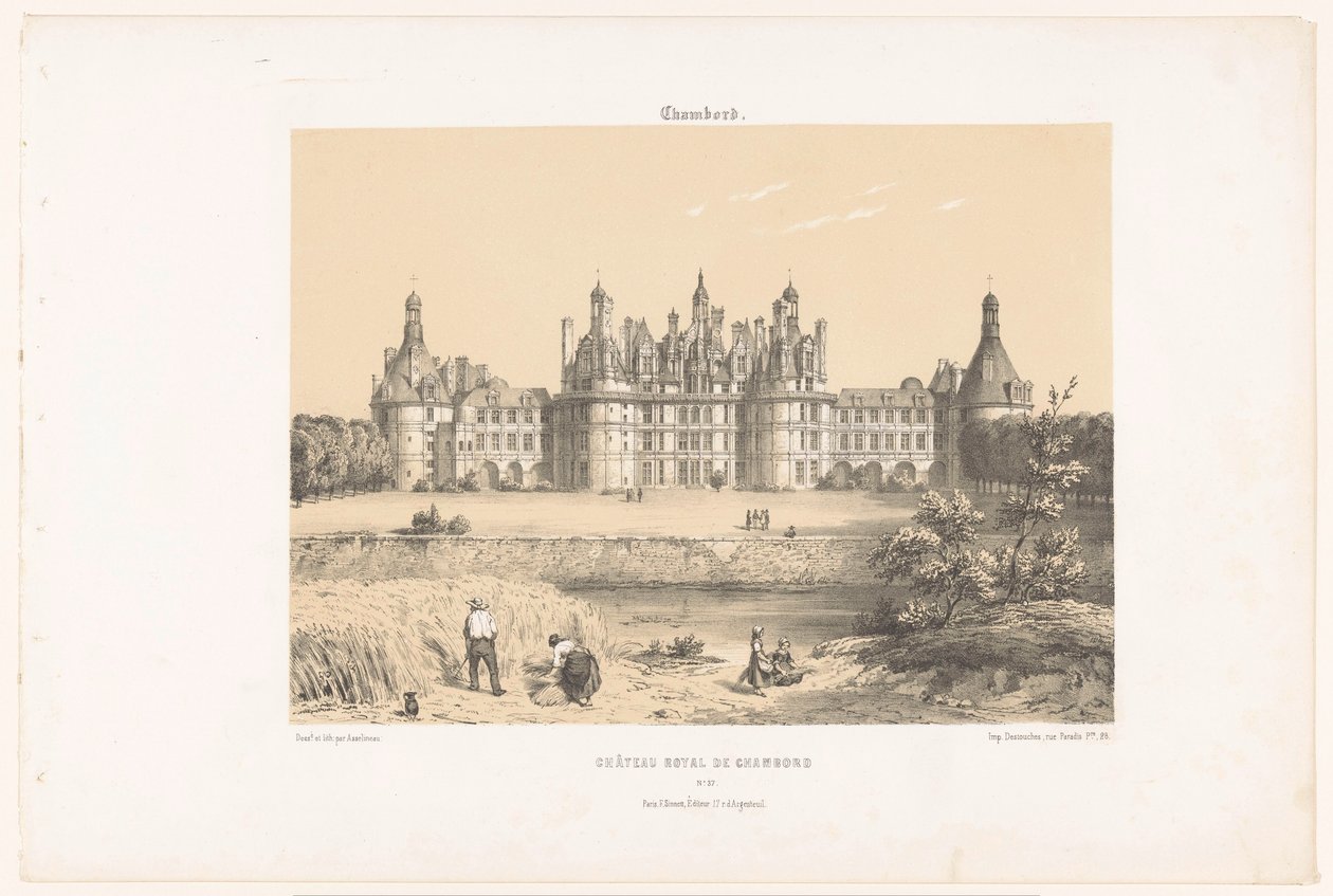 Widok na Château de Chambord nad Loarą Chambord. Château Royal de Chambord (tytuł na obiekcie) Współczesna Francja (tytuł serii) La France de nos jours (tytuł serii) autorstwa Leon Auguste Asselineau