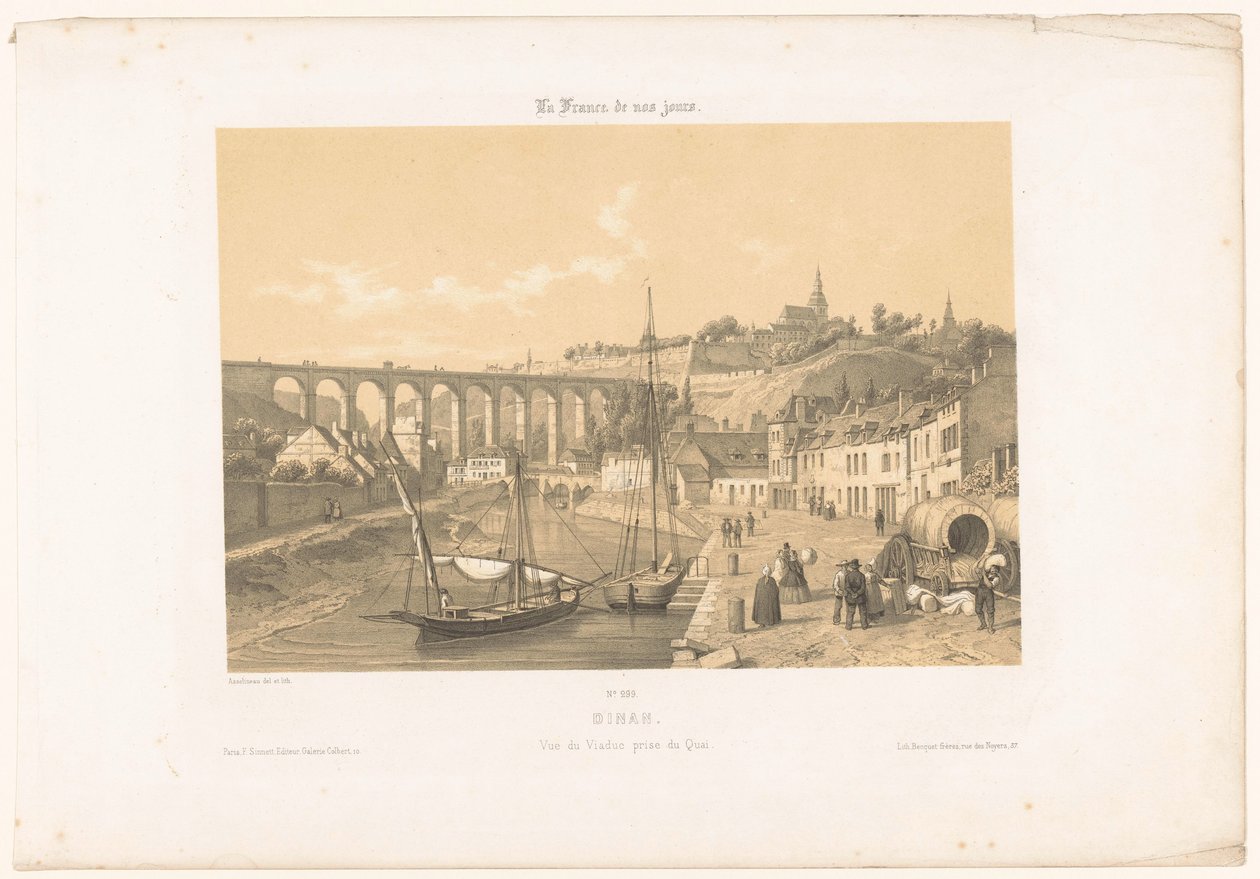 Widok na wiadukt Dinan z nabrzeża Dinan. Vue du viaduc award du quai (tytuł na przedmiocie) Współczesna Francja (tytuł serii) La France de nos jours (tytuł serii na obiekcie) autorstwa Leon Auguste Asselineau