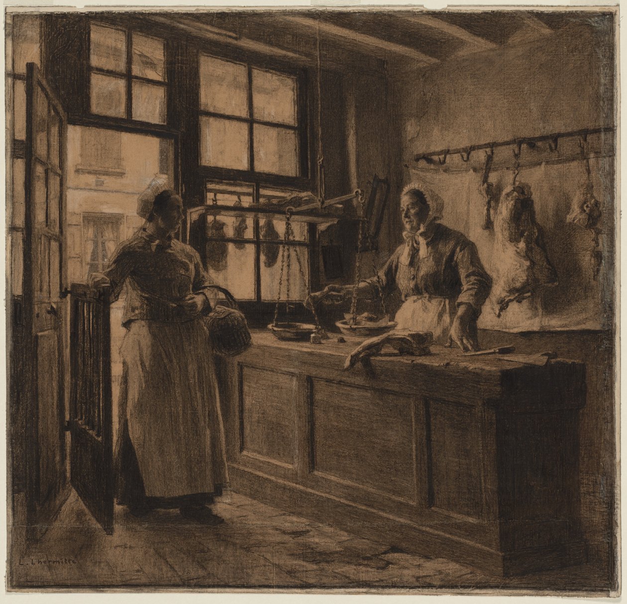 Wnętrze sklepu mięsnego, ok. 1881 r. (węgiel i czarna kreda podkreślone białą kredą) autorstwa Leon Augustin Lhermitte