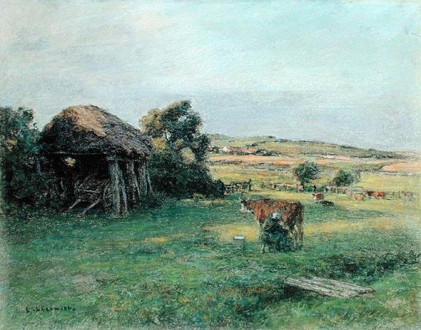 Pejzaż z chłopką dojącą krowę, połowa lat 80. XIX w. (olej na płótnie) autorstwa Leon Augustin Lhermitte