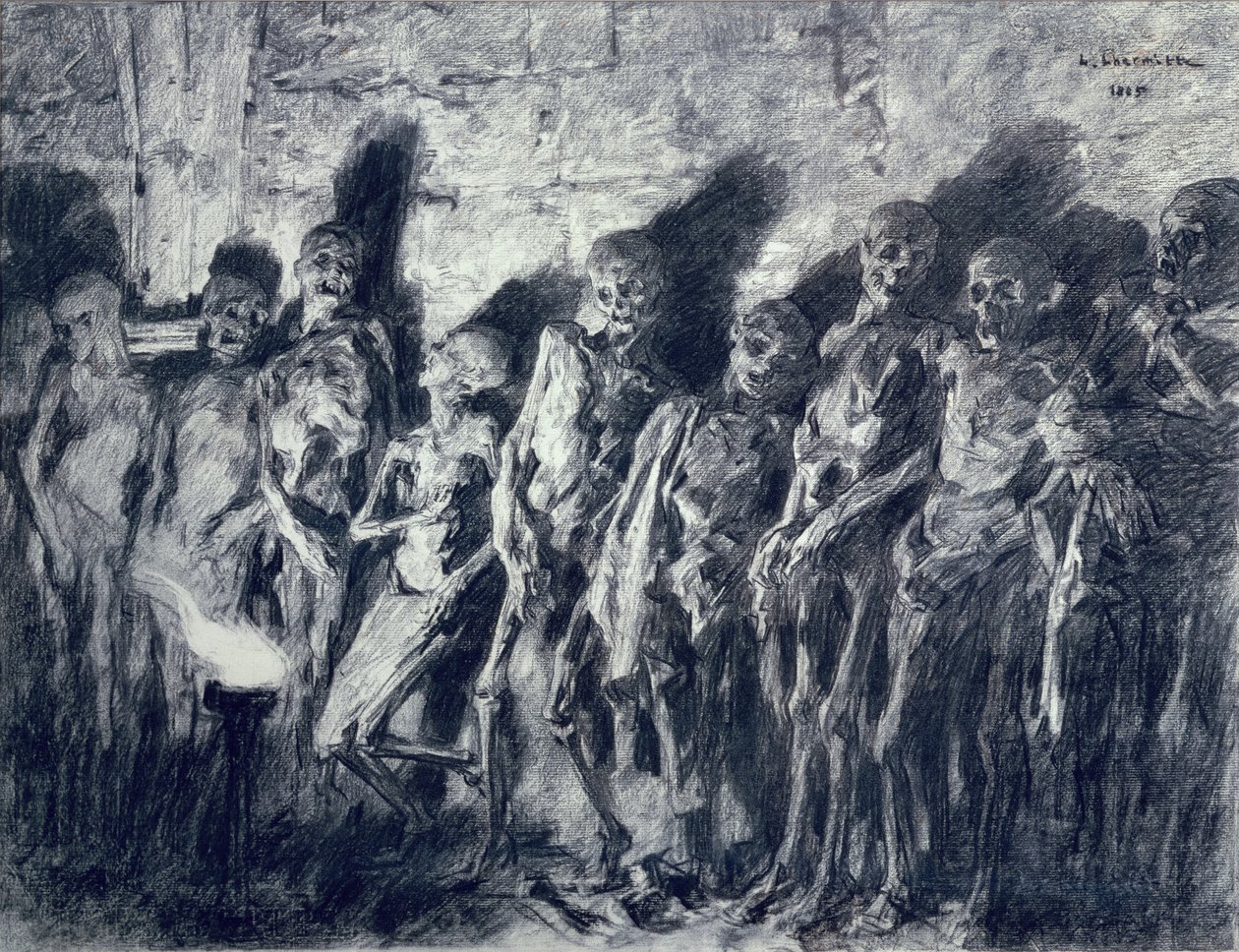 Sklepienie mumii, czyli szkielety z wieży św. Michała, Bordeaux, 1885 (węgiel na papierze) autorstwa Leon Augustin Lhermitte