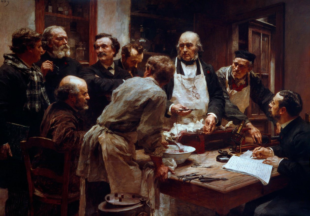 Przebieg sekcji doktora Claude Bernard (1813-1878) (w fartuchu) w obecności jego uczniów Paul Bert (1833-1886) oraz Arsonval