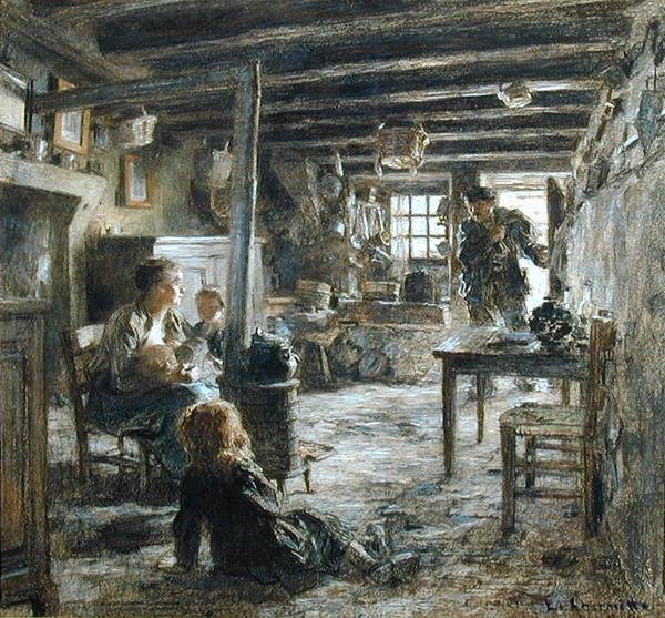 Rodzina, wnętrze Fonte (Powrót ojca) 1887 (pastel na papierze) autorstwa Leon Augustin Lhermitte
