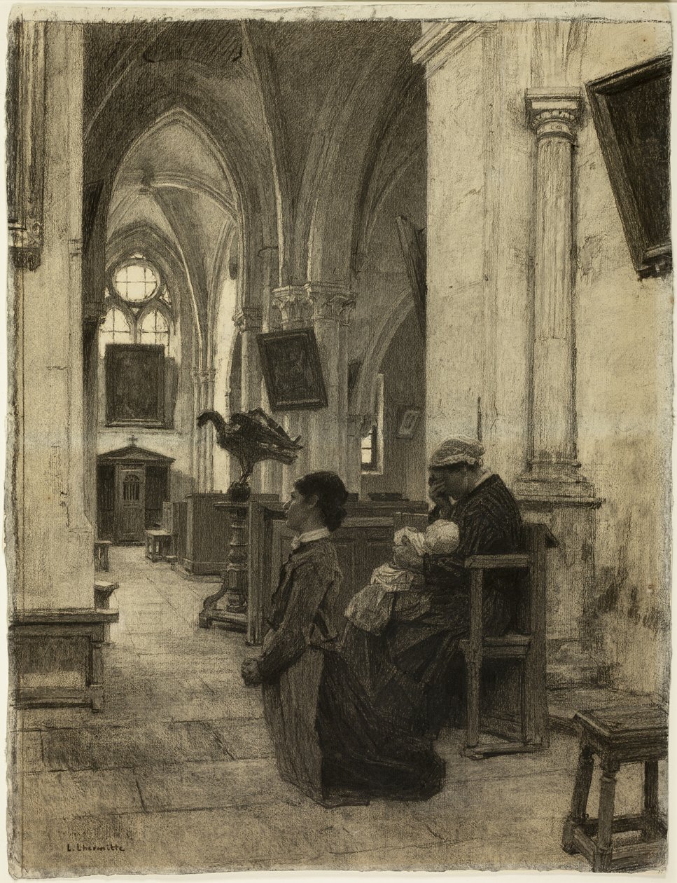 Kobiety modlące się w kościele autorstwa Leon Augustin Lhermitte