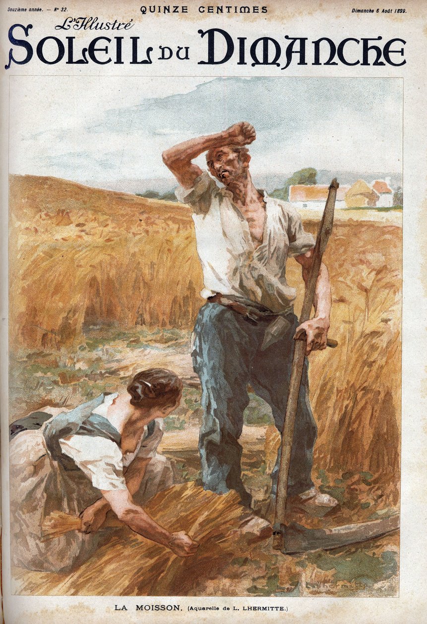 żniwa. Chłopi koszący pszenicę na polu. (na podstawie akwareli L. Lhermitte) Grawerowanie w „”Le sun-du-dimanche””, 6 sierpnia autorstwa Leon Augustin Lhermitte