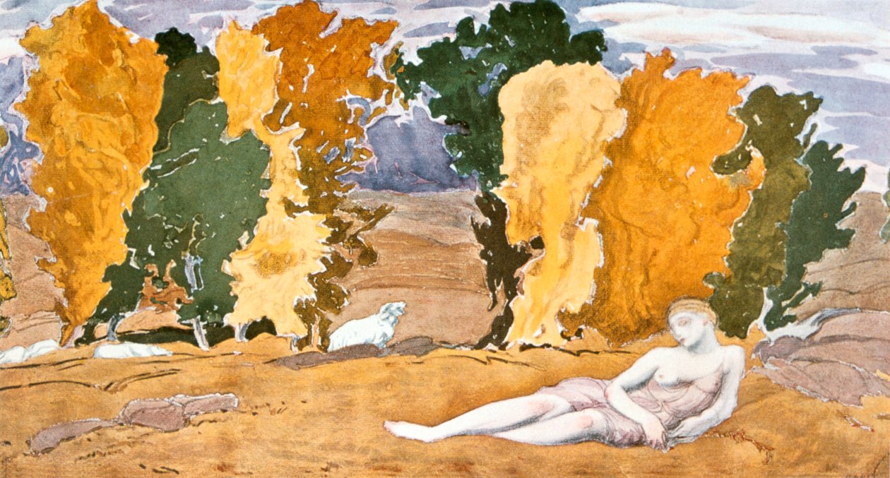 Chloe Abandoned, projekt do baletowej produkcji Ravels Daphnis i Chloe, 1910-1911 autorstwa Leon Bakst