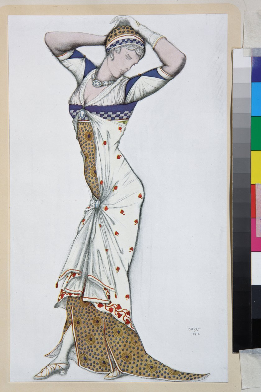 Projekt sukni nowoczesnej - Dzieło Leona Baksta (1866-1924), litografia ok. 1910 - (Projekt sukni nowoczesnej, Litografia kolorowa Leona Baksta autorstwa Leon Bakst