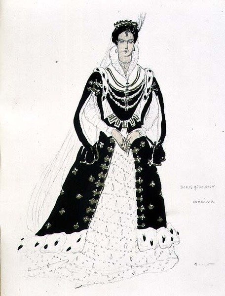 Projekt kostiumu dla Mariny w "Borysie Godunowie" Modesta Petrowicza Musorgskiego (1835-81) (akwarela na papierze) autorstwa Leon Bakst
