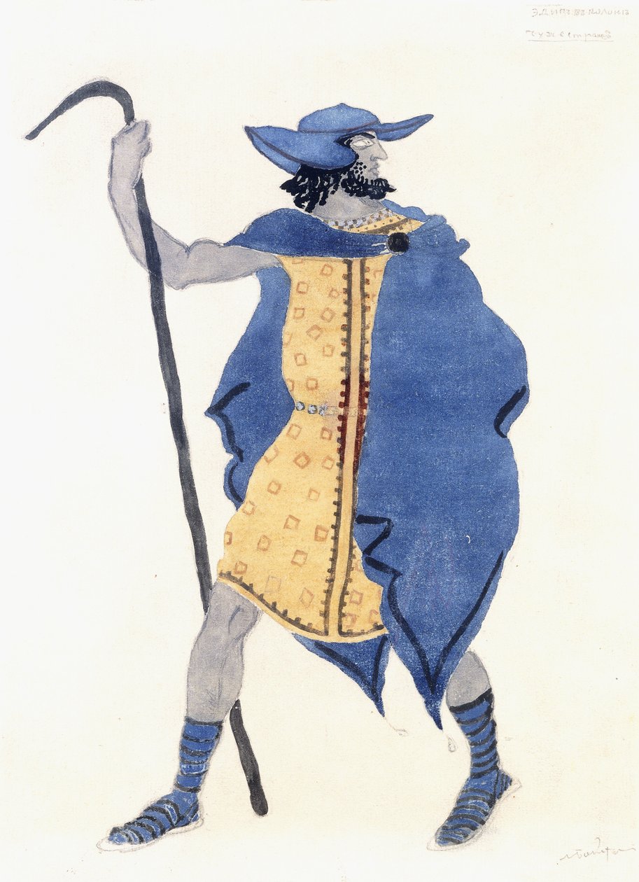 Projekt kostiumu dla Edypa w Colonus- the Stranger, c. 1899-1909 (ołówek, z/c i srebrna farba na papierze) autorstwa Leon Bakst