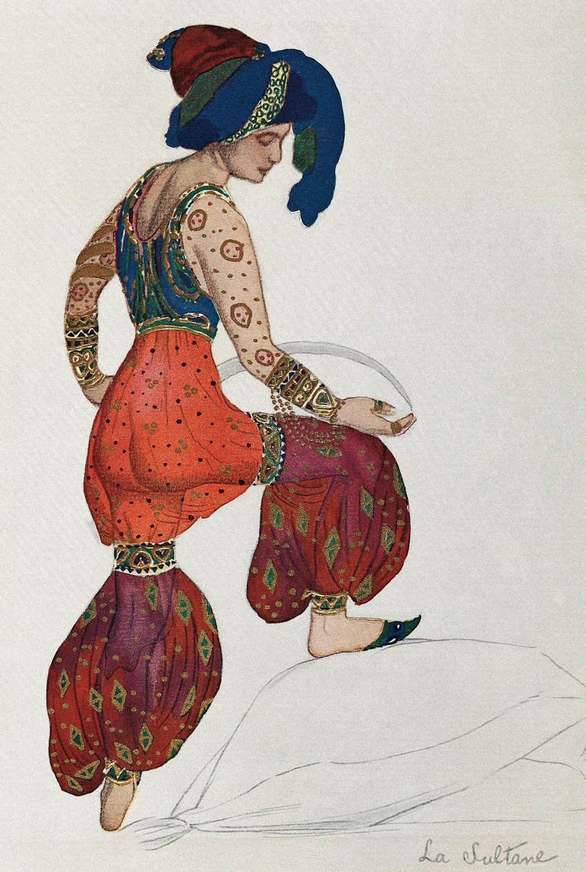 Kostium Wacława Niżyńskiego lub Niżyńskiego (1889-1950) dla postaci sułtana w balecie „Szeherezada” 1910 (akwarela na papierze) autorstwa Leon Bakst