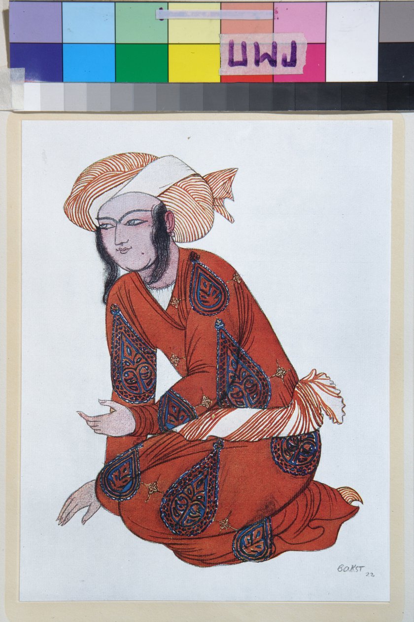 Kostium do baletu Szeherezada Nikołaja Rimskiego Korsakowa (Rimski-Korsakow) (1844-1908) - Dzieło Leona Baksta (1866-1924), litografia 1922 - (Projekt kostiumu do baletu Szeherezada Nikołaja Rimskiego Korsakowa, Leon Bakst , Kolor cząstka pomarańczy autorstwa Leon Bakst