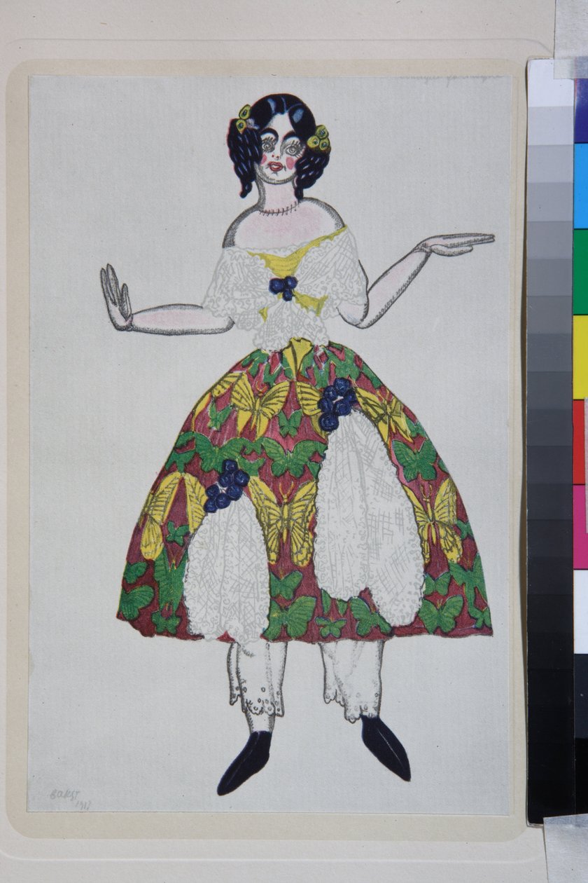 Kostium do baletu La boutique fantasque Gioachino Rossiniego - Dzieło Leona Baksta (1866-1924), litografia 1919 - (Projekt kostiumu do baletu "Sklep z magicznymi zabawkami" Gioachino Rossiniego, Leon Bakst, Litografia kolorowa autorstwa Leon Bakst