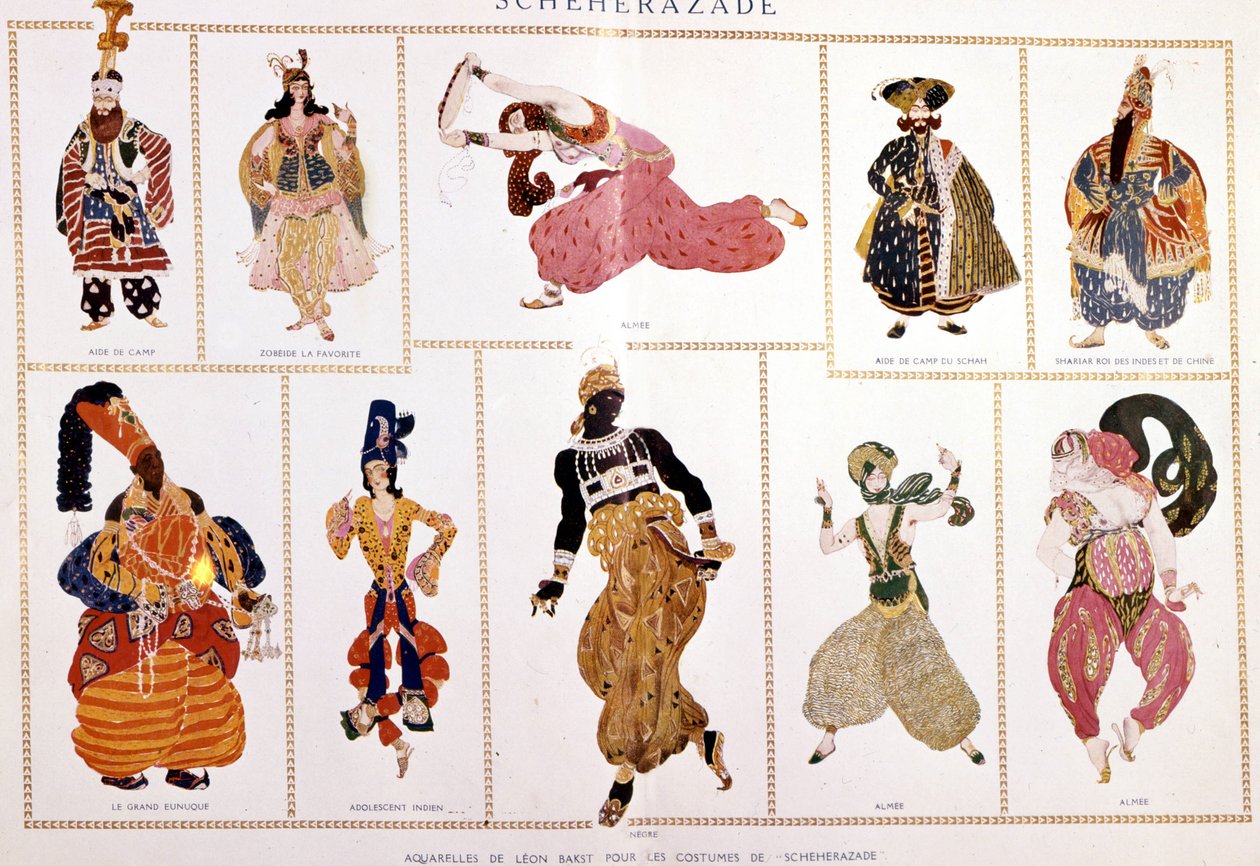 Kostiumy dla „Sacherazady” (Seherezada). B. Nicholas (Nikolai) Rimsky Kroskov (Rimsky-Kroskov) (1844-1906), reżyserował B. Leo box. autorstwa Leon Bakst