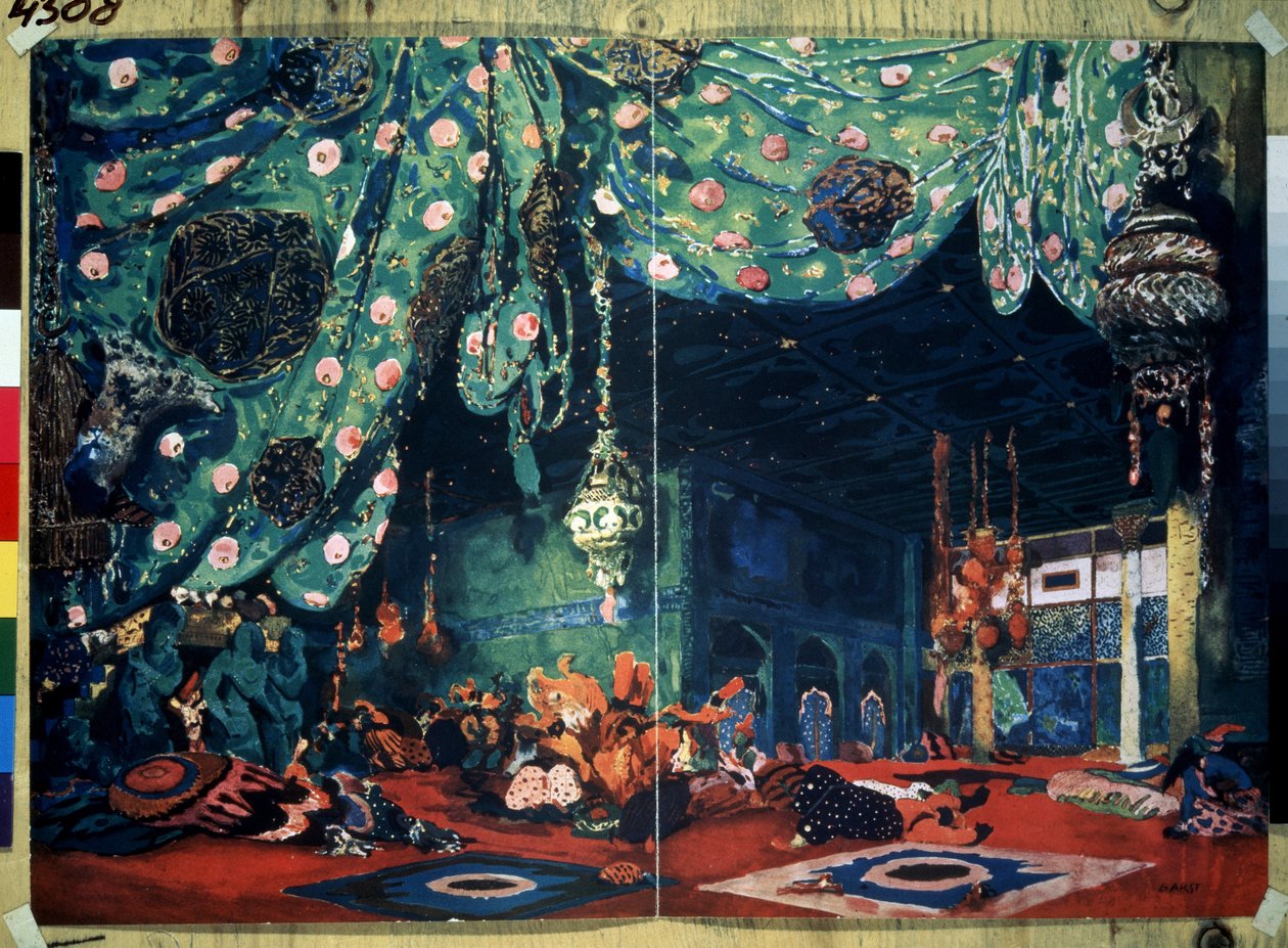 Zestaw do baletu „Szeherezada” Mikołaja (Nikołaja) Rimskiego Korsakowa (Rimski-Korsakow) (1844-1908) z filmu Po baśniach tysiąca i jednej nocy. (Scenografia do baletu Szeherezada N. Rimskiego Korsakowa (Rimsky-Korsakov). Rysunek Leon Bakst (1866-1). autorstwa Leon Bakst