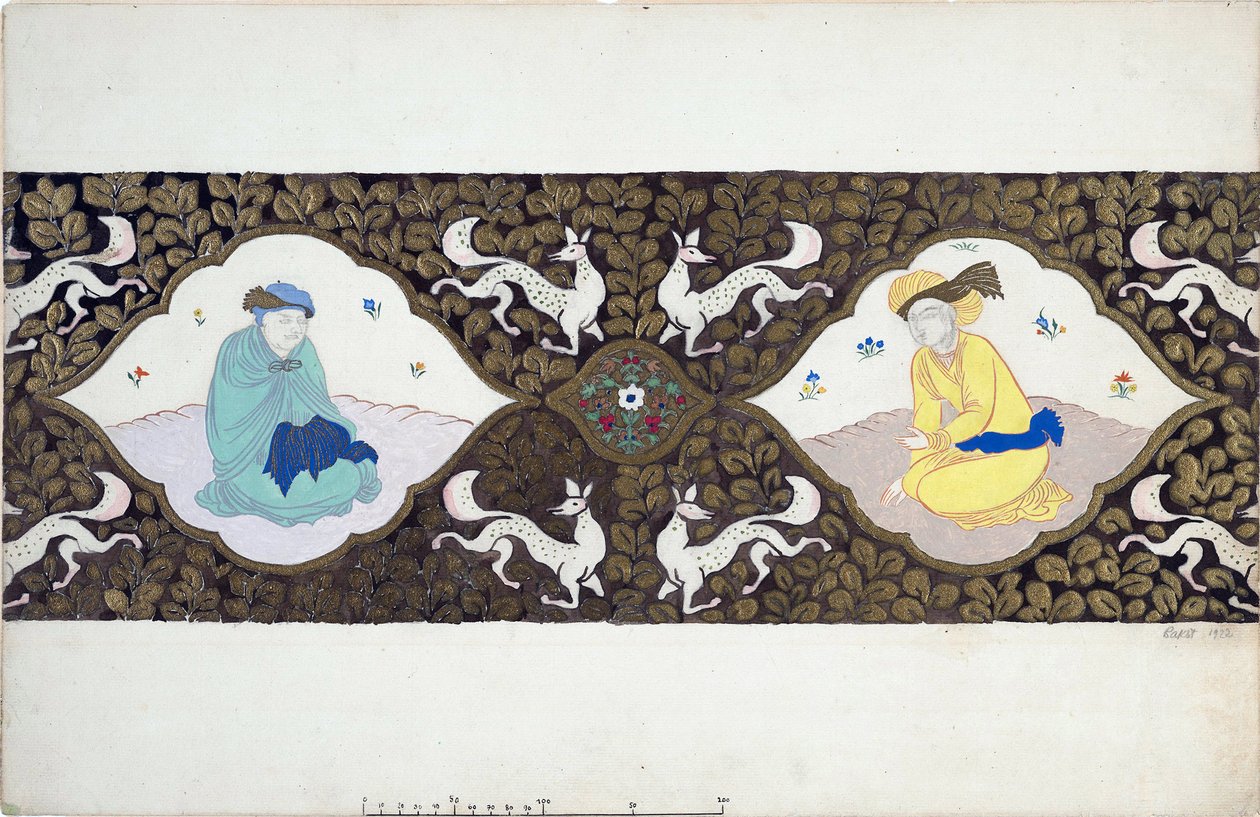Dekoracja przygotowawcza do baletu „Isztar” Bohuslava Martinu (1890-1959). (Scenografia do baletu Istar B. Martinu). Dwie postacie ubrane w orientalne wzory, w dekorację z liści i zwierząt. Praca Leona Baksta (1866-1924), akwarela i autorstwa Leon Bakst