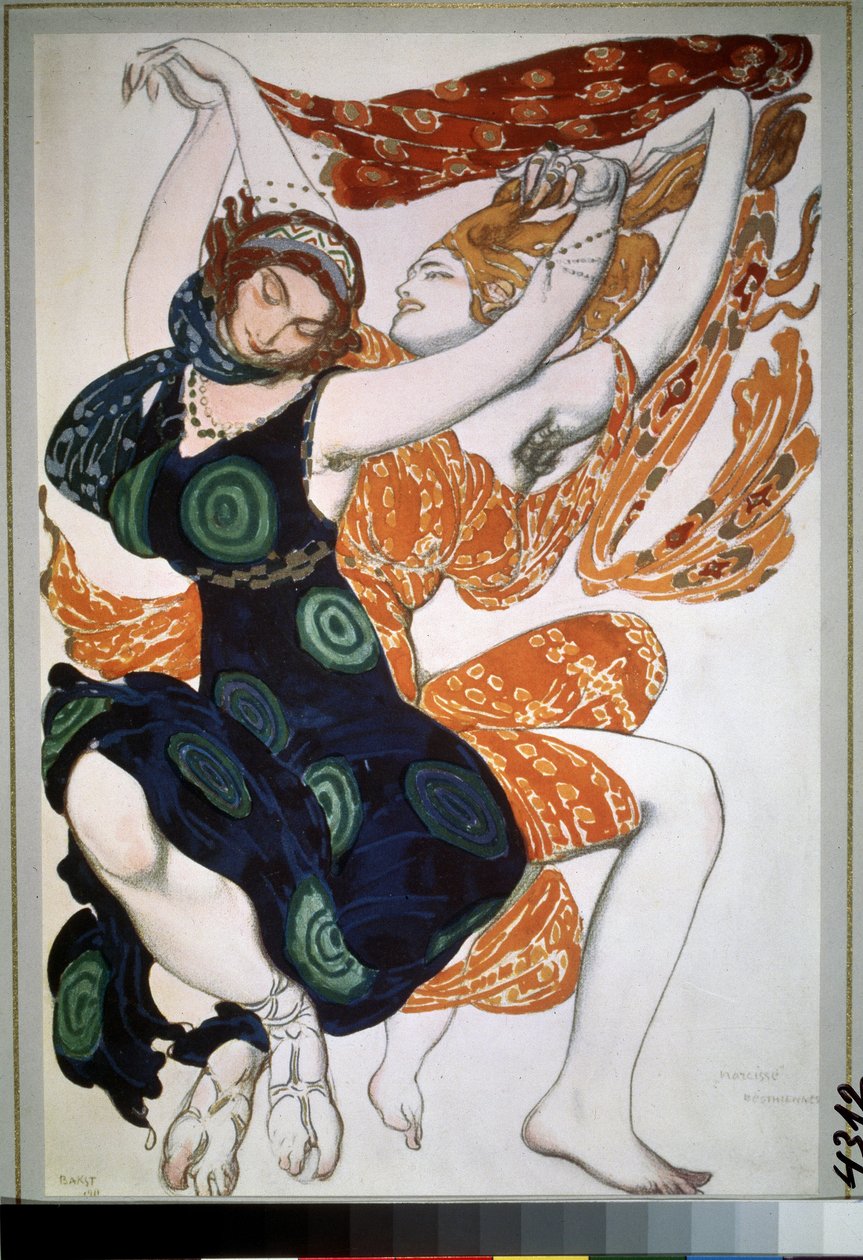 Dwie beotiennes, kostium do baletu „Narcyz” Nikołaja Czerepnina (1873-1945) (Dwa beotienny, projekt kostiumu do baletu Narcyz N. Czerepnina). Rysunek Leona Baksta (1866-1924). Akwarela, gwasz, złoto i srebro na pa autorstwa Leon Bakst