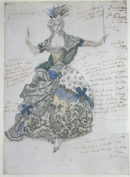 La Belle au Bois Dormant, projekt kostiumu dla „La Fee de Richesse” (akwarela na ołówku podkreślona bielą i złotem na papierze) autorstwa Leon Bakst
