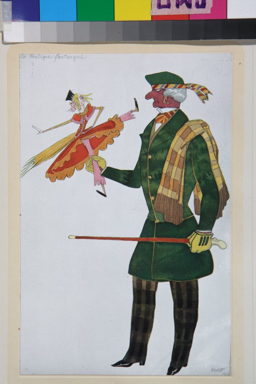 Anglik, kostium do baletu la boutique fantasque Gioachino Rossiniego - Dzieło Leona Baksta (1866-1924), litografia 1919 - (Projekt kostiumu do baletu "Sklep z magicznymi zabawkami" Gioachino Rossiniego, reż. Leon Bakst, Kolor litografia autorstwa Leon Bakst