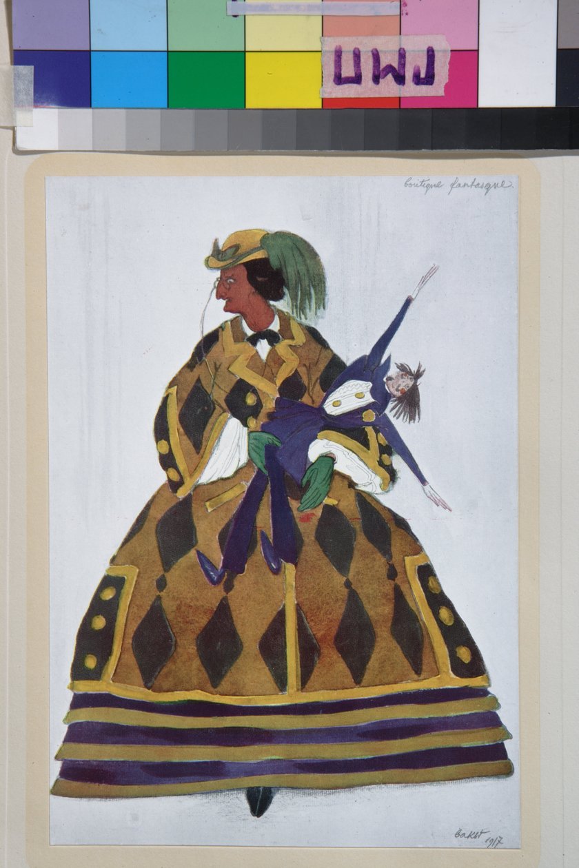 Angielka, kostium do baletu la boutique fantasque Gioachino Rossiniego - Dzieło Leona Baksta (1866-1924), litografia 1919 - (Projekt kostiumu do baletu "Sklep z magicznymi zabawkami" Gioachino Rossiniego, reż. Leon Bakst, Kolor litografia autorstwa Leon Bakst