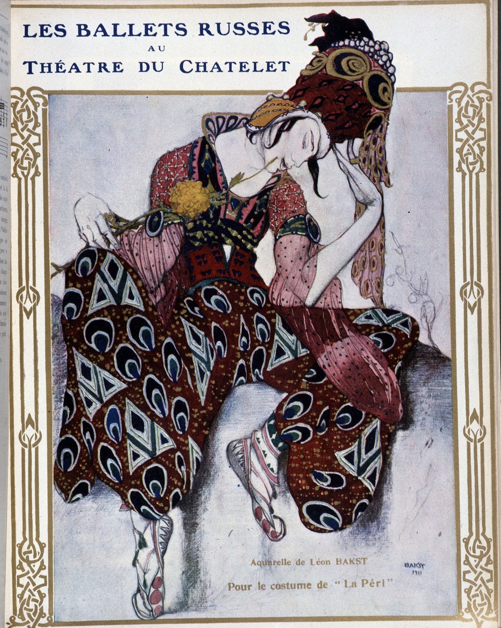 Les Ballets Russians au theatre du Chatelet: kostium dla „”La Peri”” - akwarela Bakst, cov. w „”Komedia ilustrowana”” autorstwa Leon Bakst