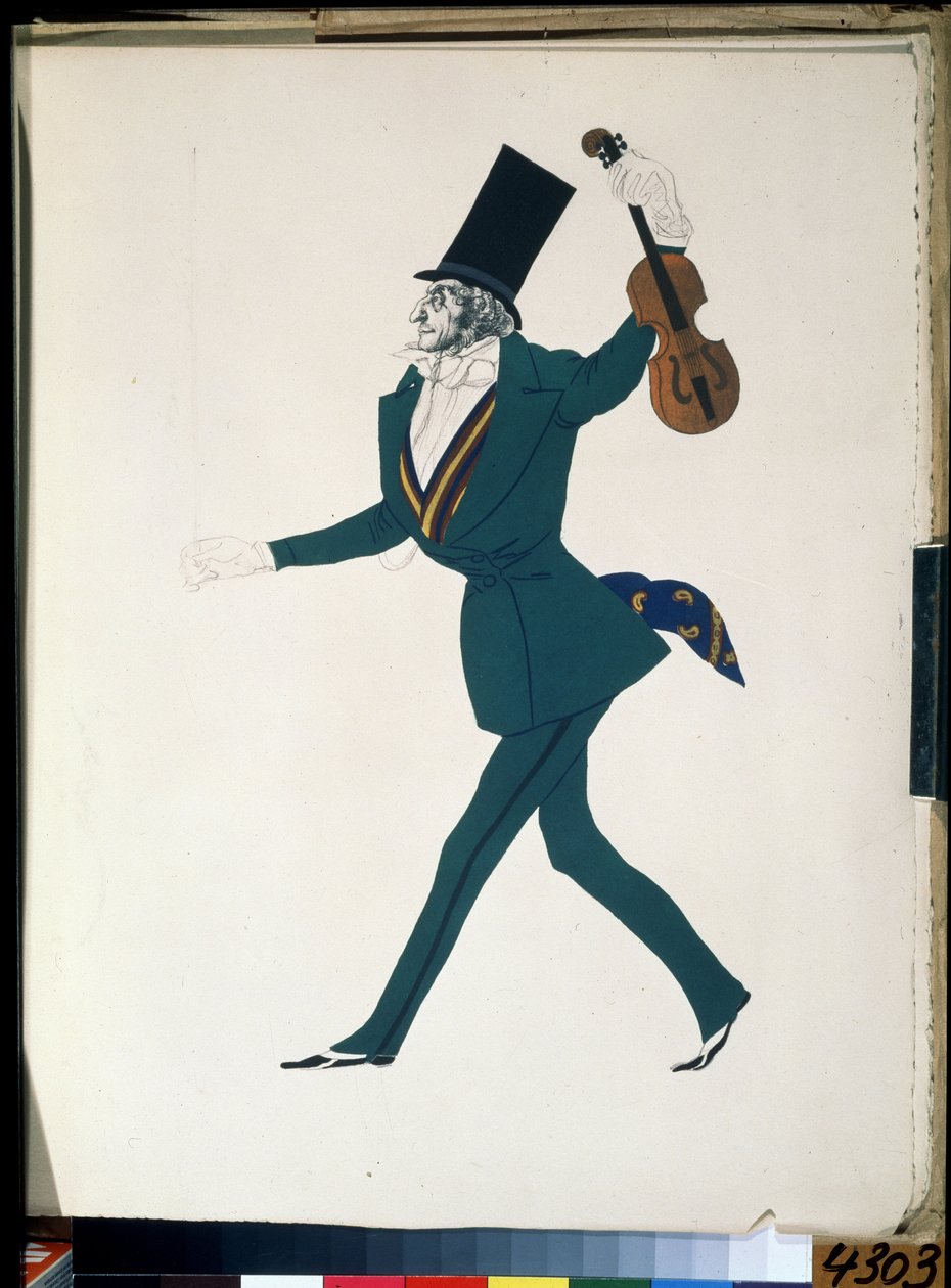 Niccolo Paganini (1782-1840), kostium do baletu „Czarodziejska noc” Fryderyka Chopina (1810-1849) (Niccolo Paganini, projekt kostiumu do baletu Czarodziejska noc F. Chopina). Rysunek Leona Baksta (1866-1924). Gwasz i tusz na papierze autorstwa Leon Bakst