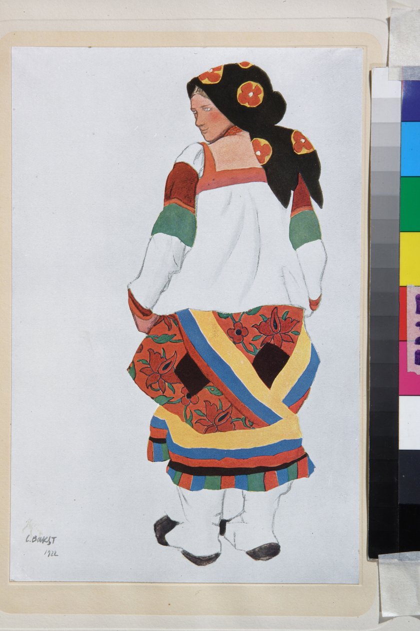 Chłopka, projekt kostiumów do wodewilu Stara Moskwa, teatr Femina, Paryż (Francja) - Praca Leona Baksta (1866-1924), litografia 1922 - (Chłopka, projekt kostiumów do wodewilu Stara Moskwa, Teatr Femina w Paryżu, Leon Bakst (1866-1 autorstwa Leon Bakst