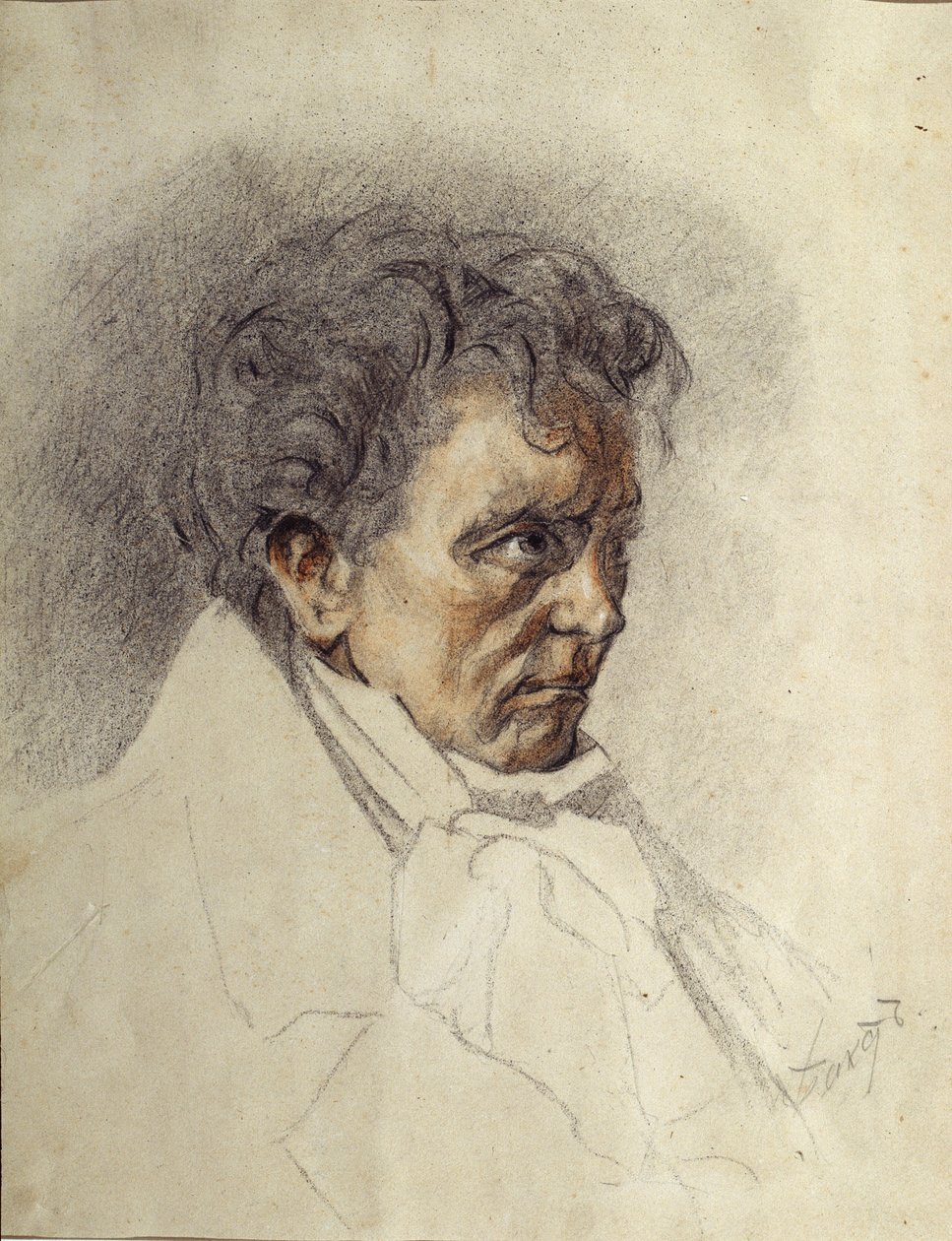 Portret Ludwiga van Beethovena (1770-1827) (Ludwig van Beethoven). Obraz Leona Baksta (1866-1924). Akwarela i pastel na papierze, 29,5 x 23,5 cm. Sztuka rosyjska, koniec XIX i początek XX wieku. Państwowe Muzeum Sztuki Republiki Kirgiskiej, Biszkek (Kirgis autorstwa Leon Bakst