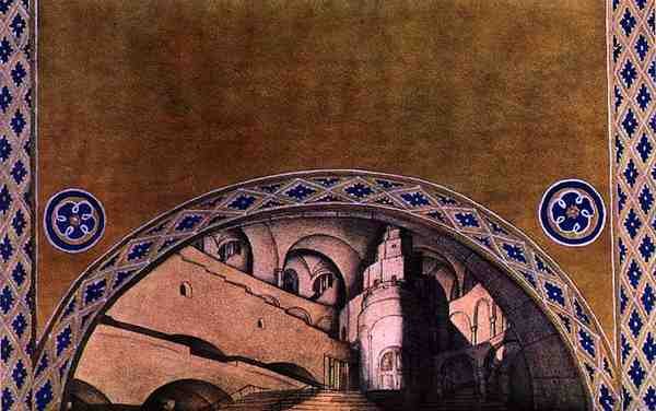 Projekt scenografii dla męczennika św. Sebastiana, ok. 1911-22 (kolor lito) autorstwa Leon Bakst
