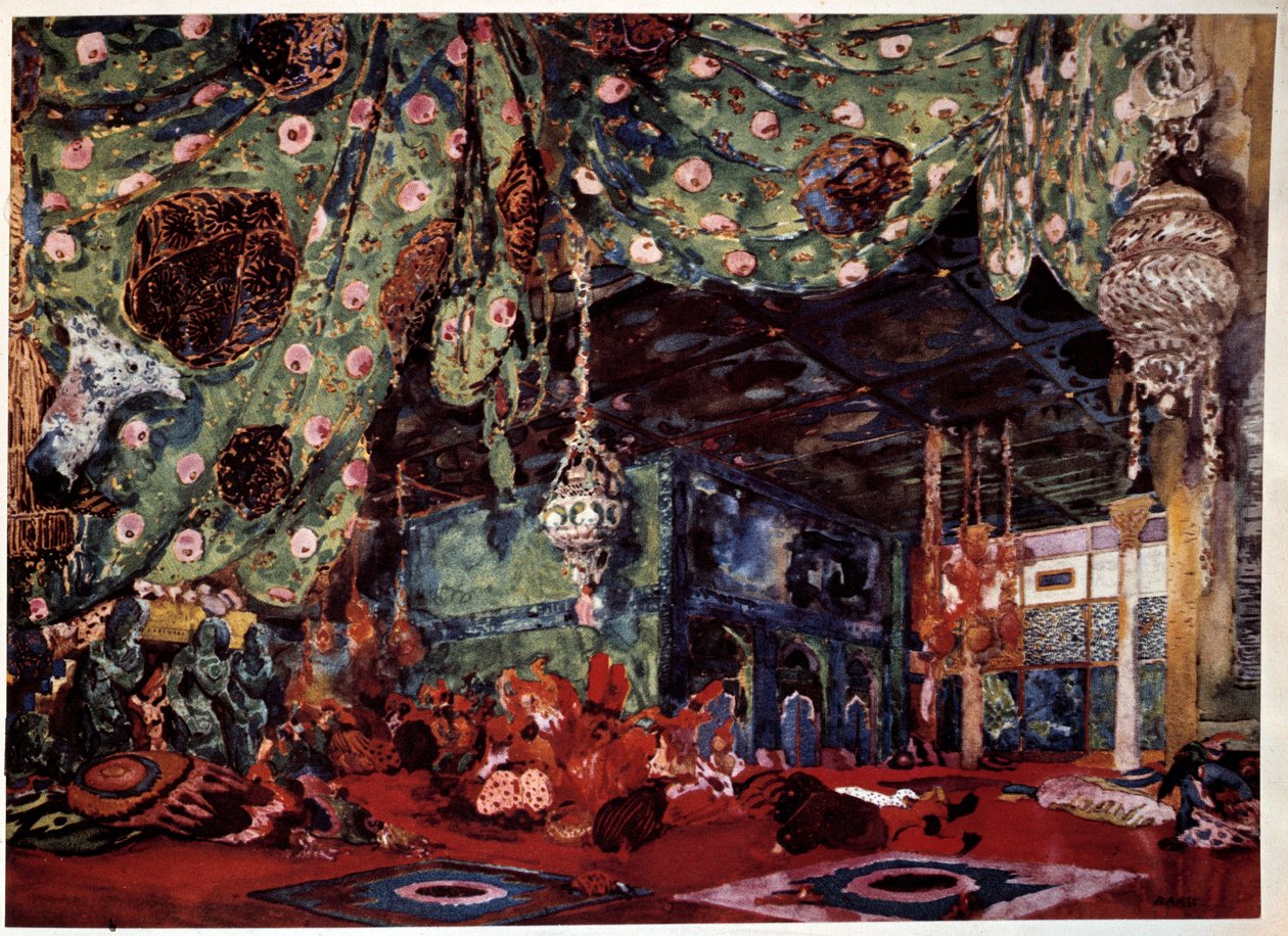 Scenografia Leona Baksta (1866-1924), rosyjskiego malarza i dekoratora do opery „Szeherezada” (Szeherezada) Mikołaja (Nikołaja) Rimskiego Korsakowa (Rimski-Korsakow) (1844-1908). autorstwa Leon Bakst
