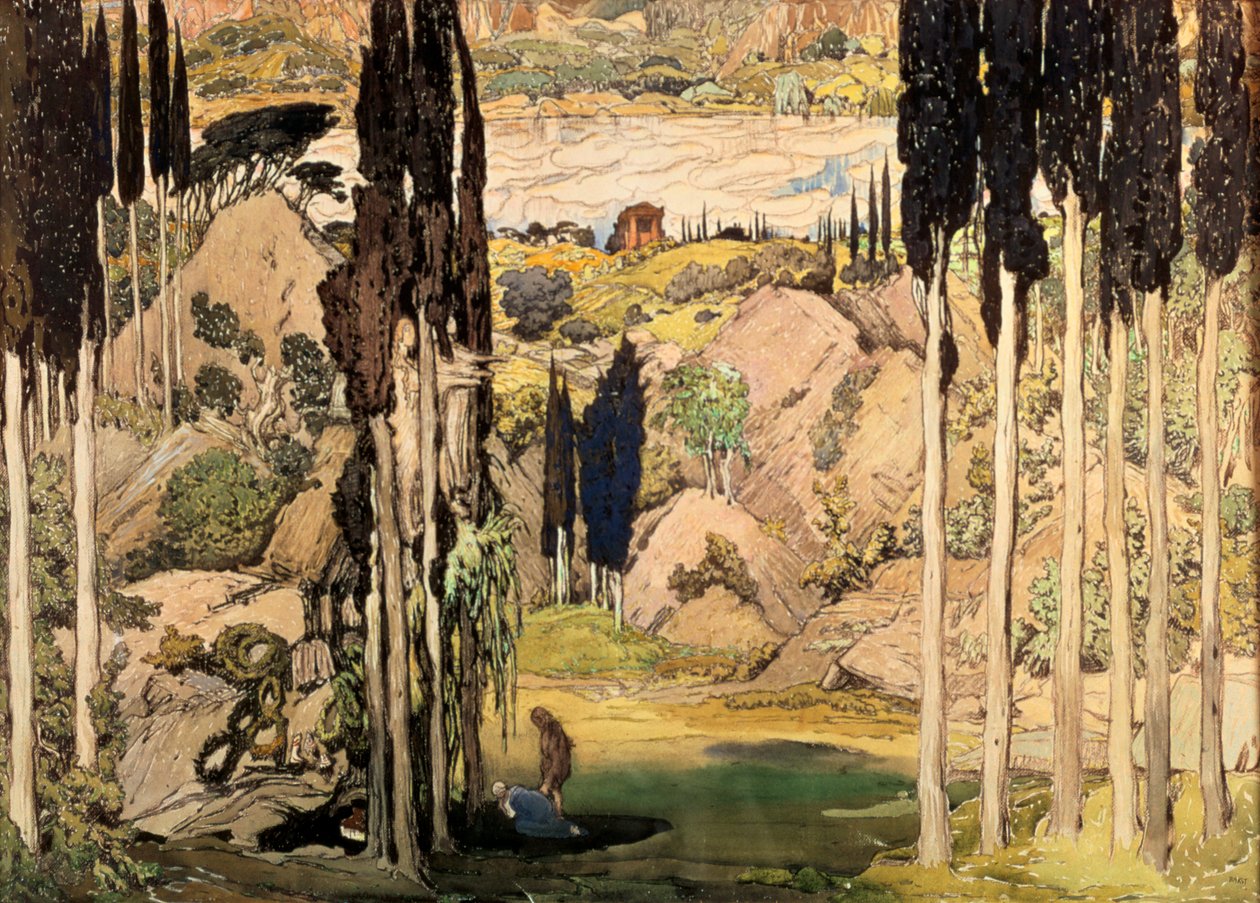 Scenografia do II aktu baletowej inscenizacji Ravels Daphnis i Chloe, 1912 autorstwa Leon Bakst