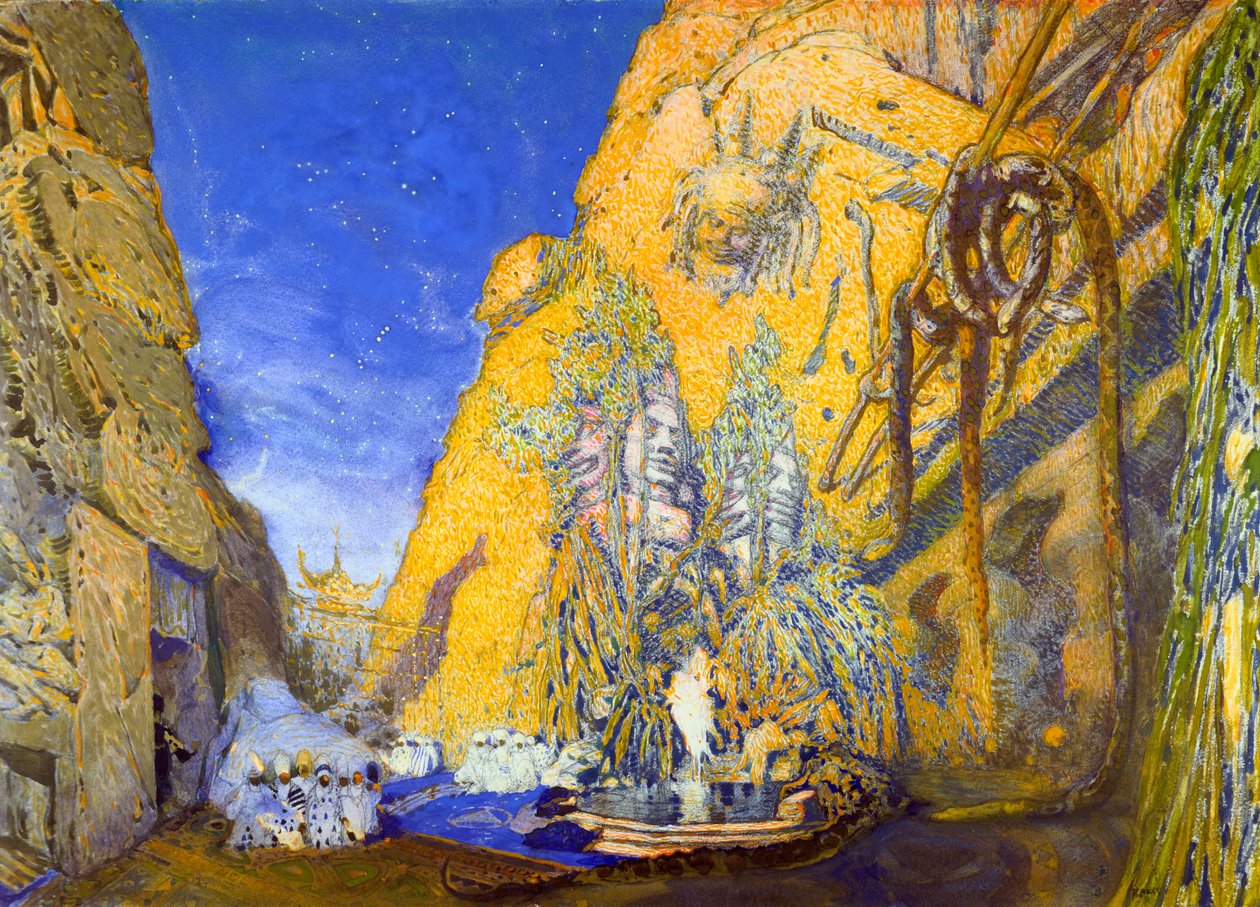 Scenografia do spektaklu Ballets Russes Le Dieu Bleu Błękitny Bóg, 1911 autorstwa Leon Bakst