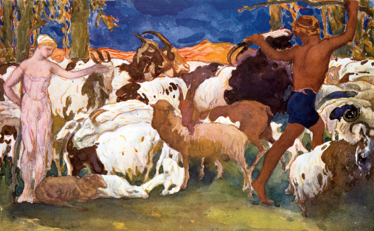 Scenografia do spektaklu Ballets Russes Ravels Daphnis et Chloe, 1912 autorstwa Leon Bakst