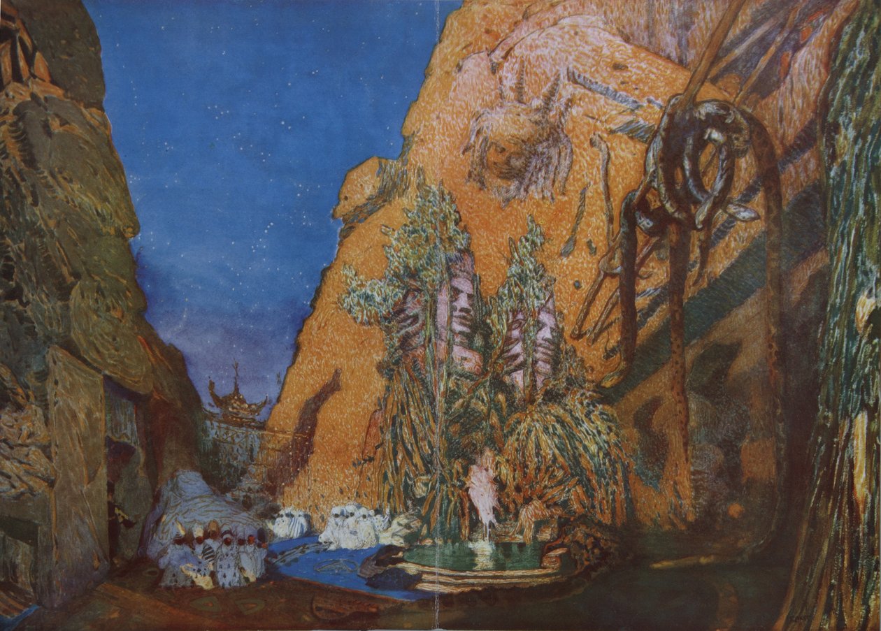 Scenografia do Baletu Niebieskiego Boga autorstwa R. Hahna, 1912 autorstwa Leon Bakst