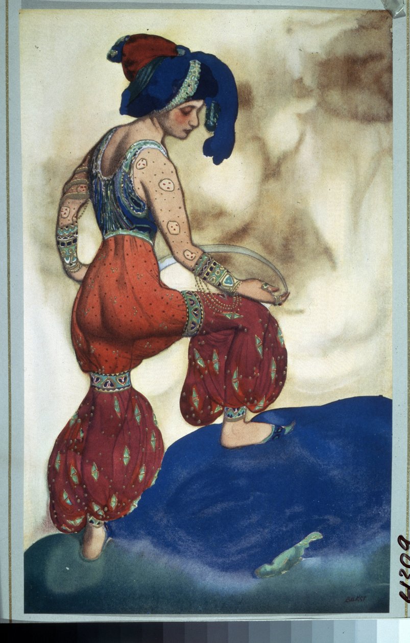Sułtan, kostium do baletu „Szeherezada” Mikołaja (Nikołaja) Rimskiego Korsakowa (Rimski-Korsakow) (1844-1908) z Po baśniach tysiąca i jednej nocy. księżniczka – N.Rimsky Korsakov (Rimsky-Korsakov). Rysunek Leona Baxta (1866-1924). Gwasz i złoto autorstwa Leon Bakst