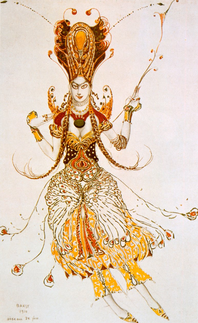 Ognisty ptak, projekt kostiumów do baletu Strawińskiego Ognisty ptak, 1910 autorstwa Leon Bakst
