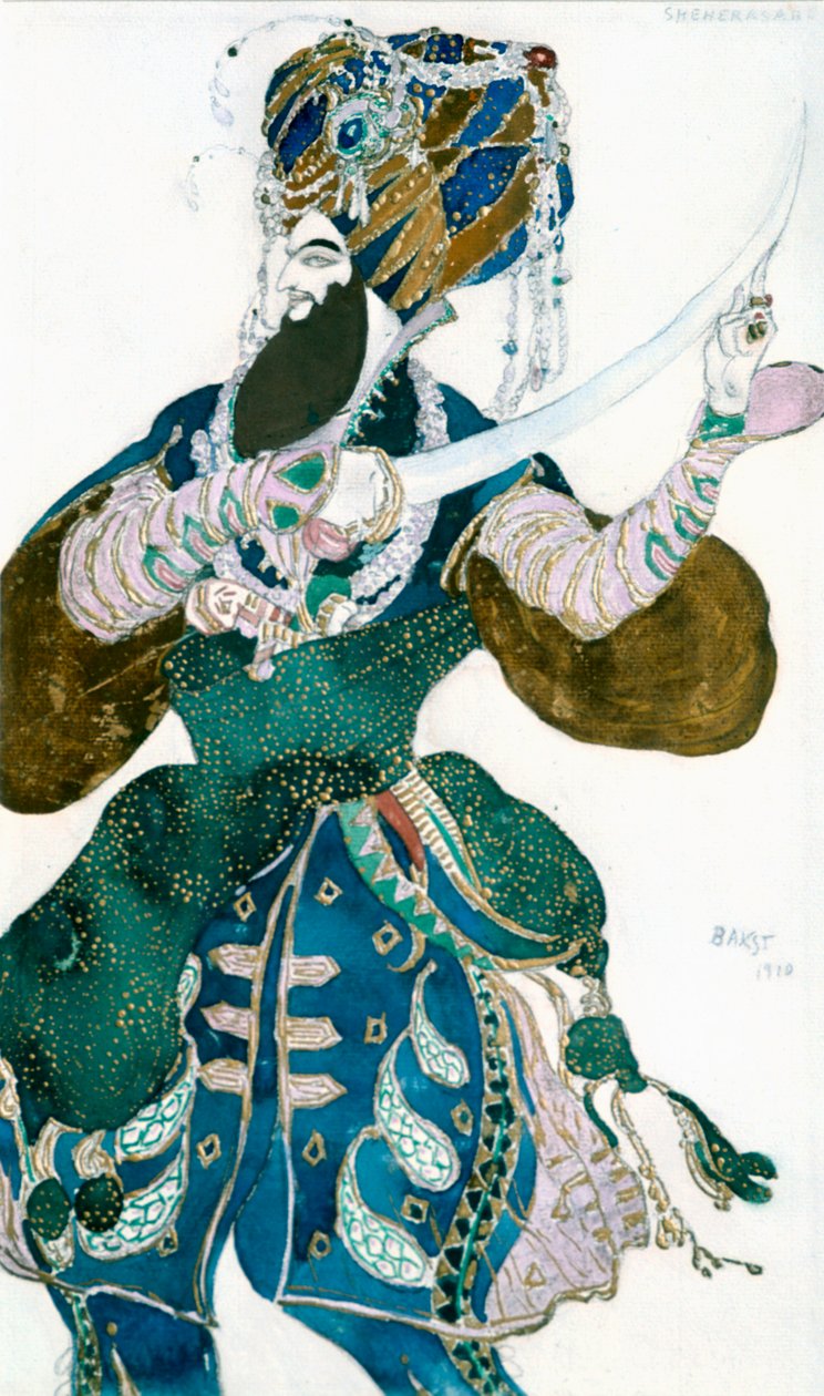 Szach Persji, projekt kostiumów do Szeherezady w inscenizacji Baletów Rosyjskich, ok. 1913 r. autorstwa Leon Bakst