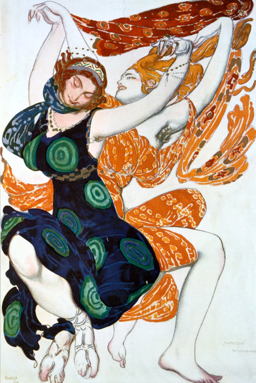 Dwie bachantki, projekt kostiumów do baletu rosyjskiego inscenizacji Czerepnin Narcyz, 1911 autorstwa Leon Bakst