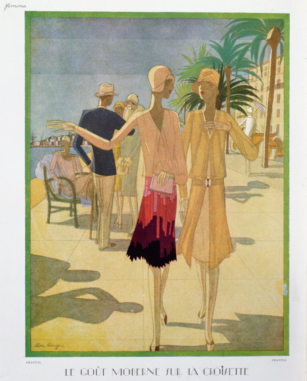 Modni ludzie spacerujący po promenadzie Croisette w Cannes, ilustracja z magazynu „Femina”, Boże Narodzenie 1927 (kolor lito) autorstwa Leon Benigni