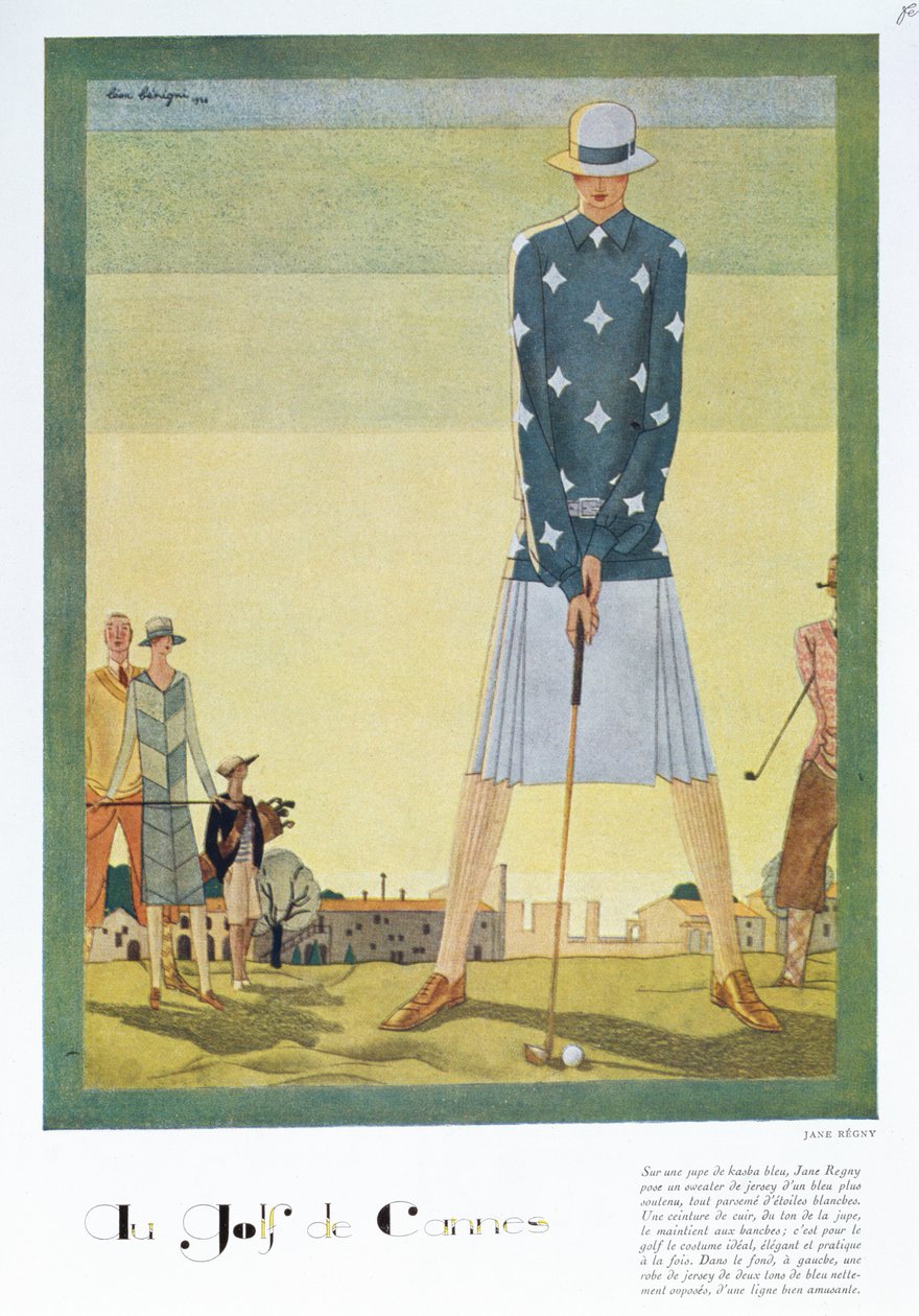 Projekt sukni do golfa autorstwa Jane Regny, tabliczka z modą z magazynu „Femina”, Boże Narodzenie 1926 (kolor litho) autorstwa Leon Benigni