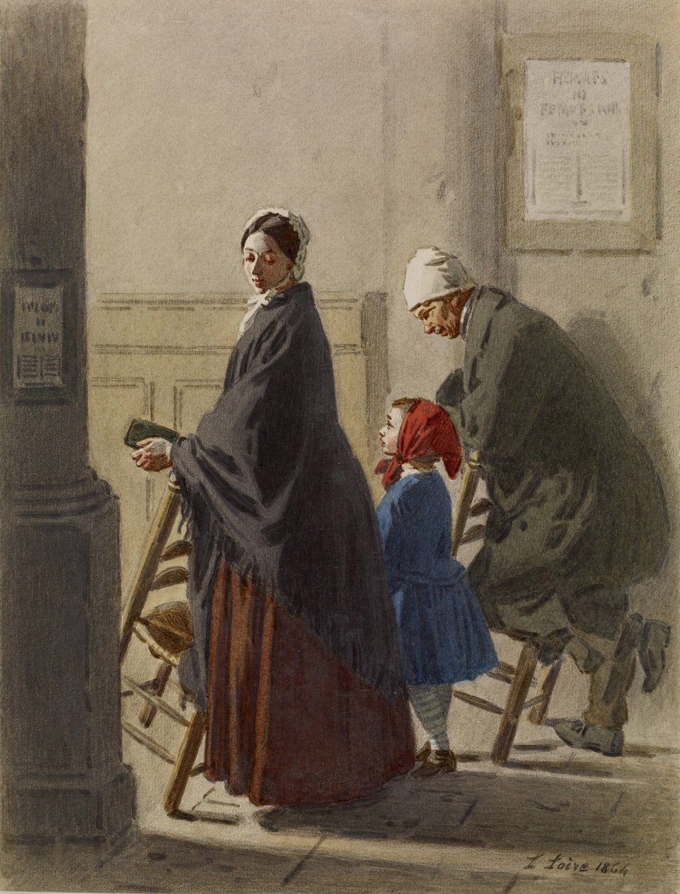 Mężczyzna, kobieta i dziewczyna na modlitwie w kościele, 1864 (toaleta i grafit na papierze) autorstwa Leon Henri Antoine Loire