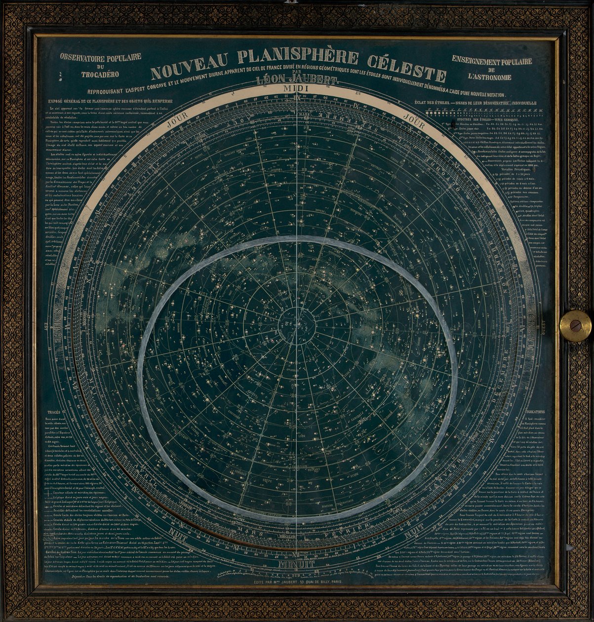 Planisfera z białym nadrukiem na ciemnoniebieskim tle, ok. 1900 r. (karton, złocenia) autorstwa Leon Jaubert