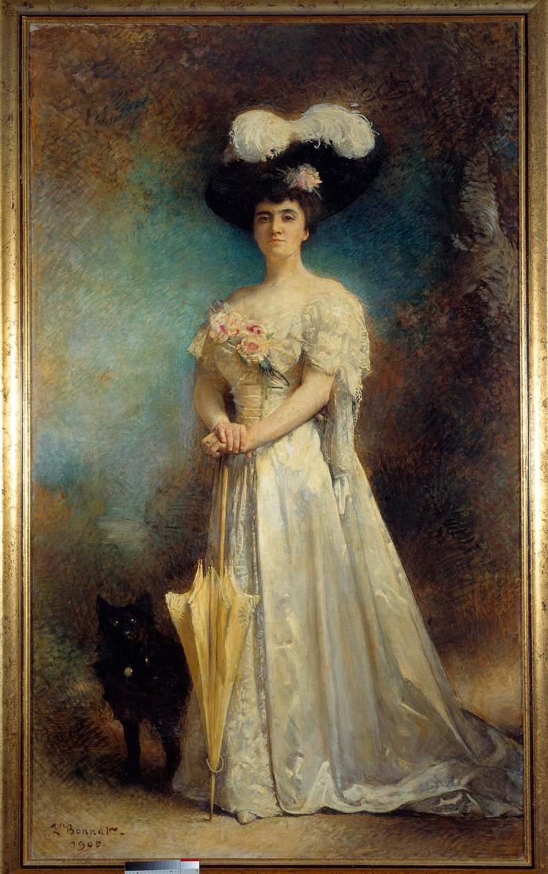 Pełnowymiarowy portret Madame Maurice Pascal i jej psa Tiny Painting autorstwa Leon Joseph Bonnat (1833-1922) 1905 nd. 2,17x0,9 m Pau, muzeum sztuk pięknych - Portret w pełnym wymiarze Madame Maurice Pascal i jej psa Tiny. Obraz Leon Joseph Bonnat (1833-19 autorstwa Leon Joseph Florentin Bonnat