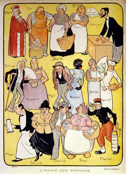 Ironia imion", ilustracja z początku XX wieku dla magazynu "Le Rire" (litografia kolorowa) autorstwa Leon Lebegue