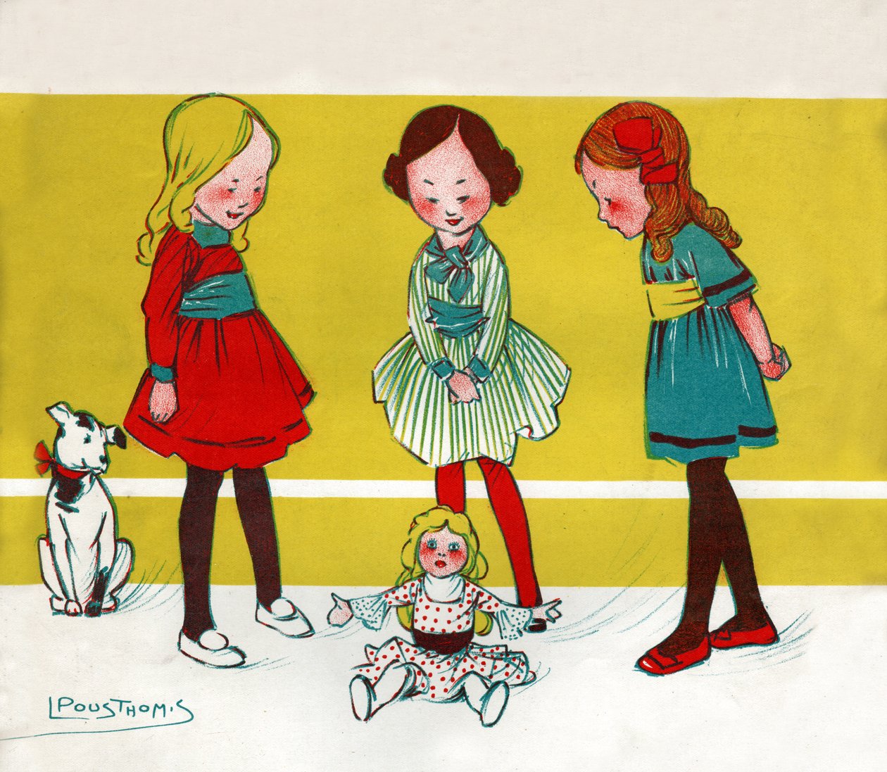 Dziewczyny bawiące się lalkami. (Ilustracja; ok. 1910) autorstwa Leon Pousthomis